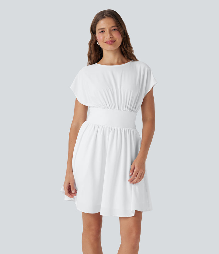 Batwing Short Sleeve Flowy Quick Dry Mini Work Dress with Side Pockets — White — view 1