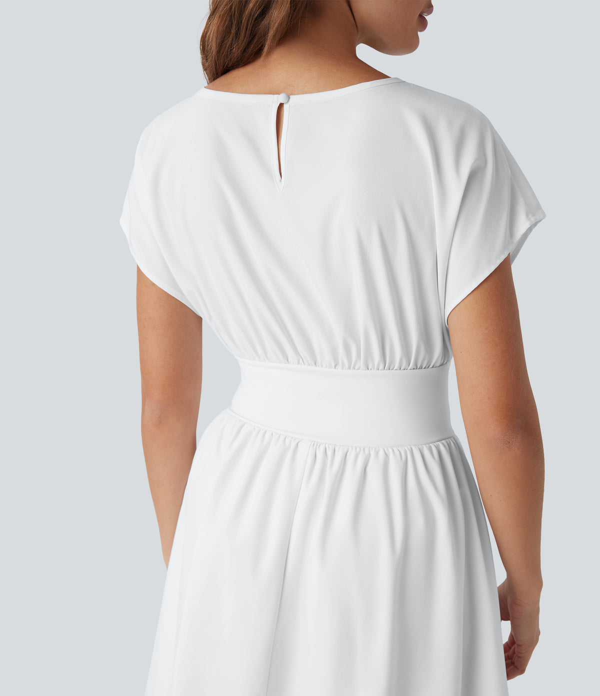Batwing Short Sleeve Flowy Quick Dry Mini Work Dress with Side Pockets — White — view 5