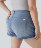 Mid Rise Zipper Pockets Denim Casual Plus Size Shorts 3'' — Crushed Ice Blue Denim — view 5