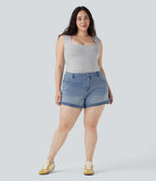 Mid Rise Zipper Pockets Denim Casual Plus Size Shorts 3'' — Crushed Ice Blue Denim — view 6