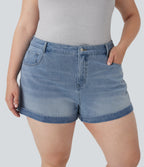 Mid Rise Zipper Pockets Denim Casual Plus Size Shorts 3'' — Crushed Ice Blue Denim — view 1
