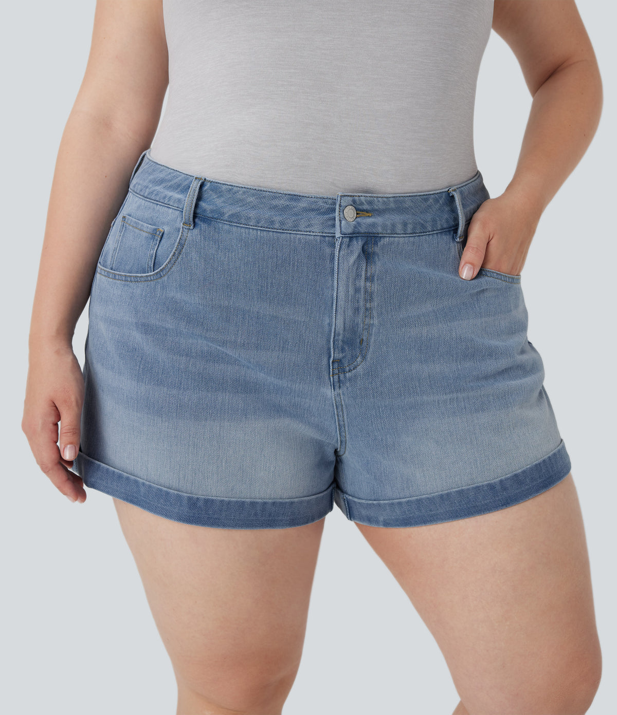 Mid Rise Zipper Pockets Denim Casual Plus Size Shorts 3'' — Crushed Ice Blue Denim — view 1