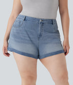 Mid Rise Zipper Pockets Denim Casual Plus Size Shorts 3'' — Crushed Ice Blue Denim — view 4