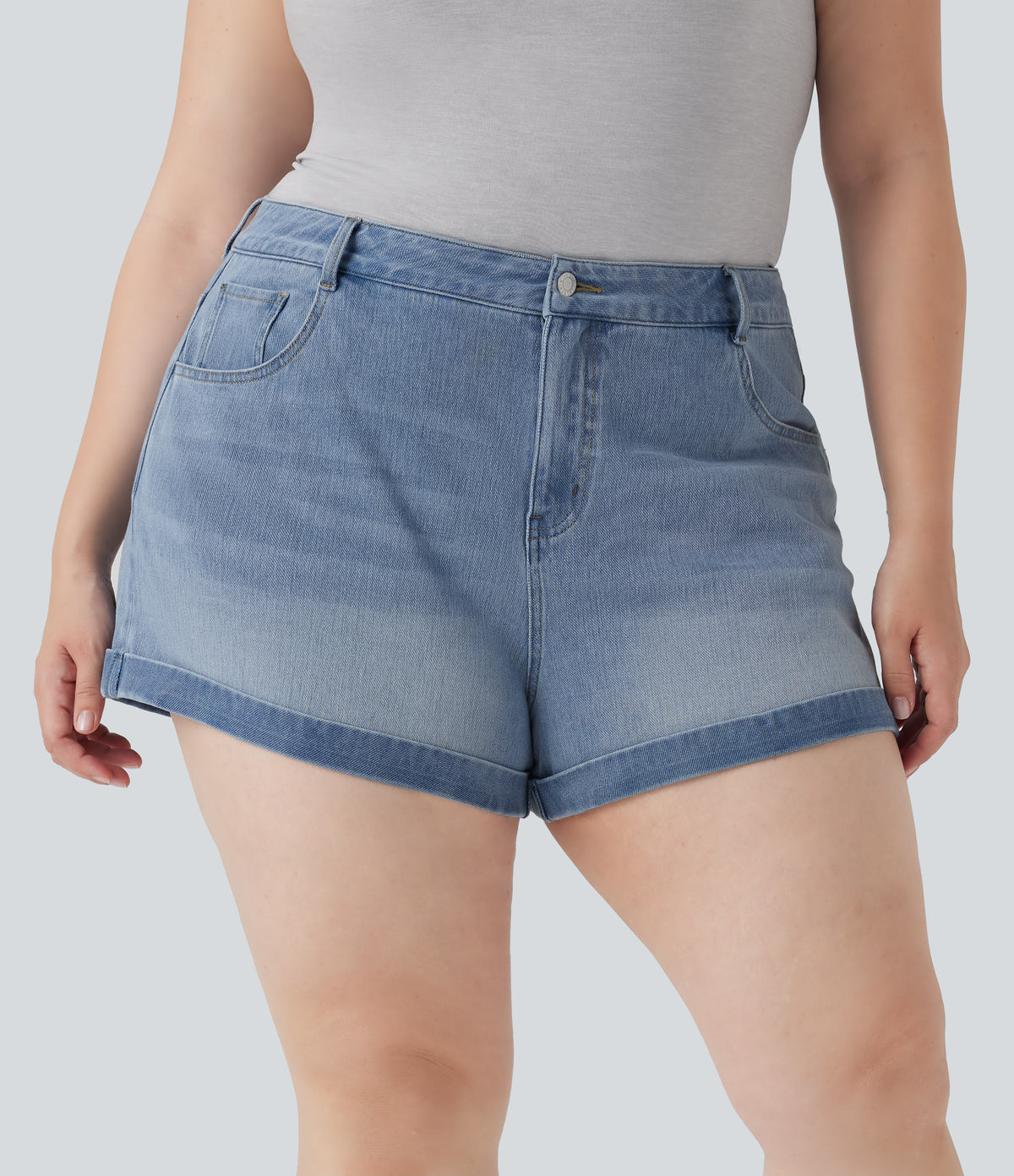 Mid Rise Zipper Pockets Denim Casual Plus Size Shorts 3'' — Crushed Ice Blue Denim — view 4