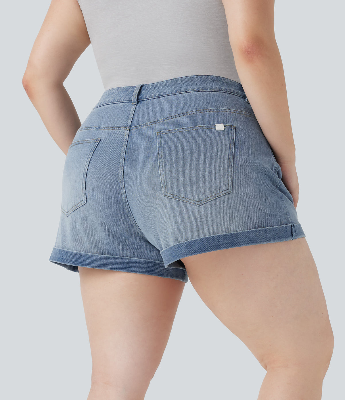 Mid Rise Zipper Pockets Denim Casual Plus Size Shorts 3'' — Crushed Ice Blue Denim — view 2