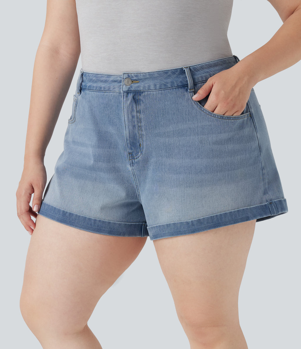 Mid Rise Zipper Pockets Denim Casual Plus Size Shorts 3'' — Crushed Ice Blue Denim — view 3