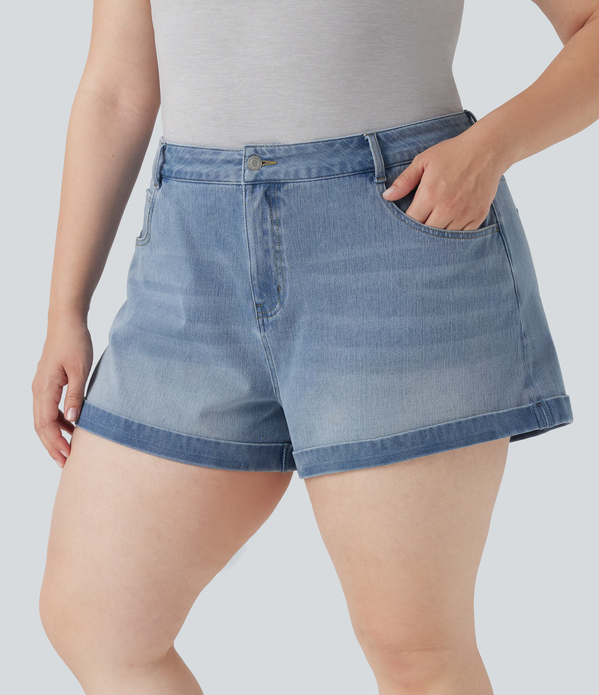 Mid Rise Zipper Pockets Denim Casual Plus Size Shorts 3'' — Crushed Ice Blue Denim — view 3