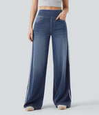 High Waisted Stripe Wide Leg Flowy Washed Casual Jeans with Pockets — Pageant Blue Denim — view 2