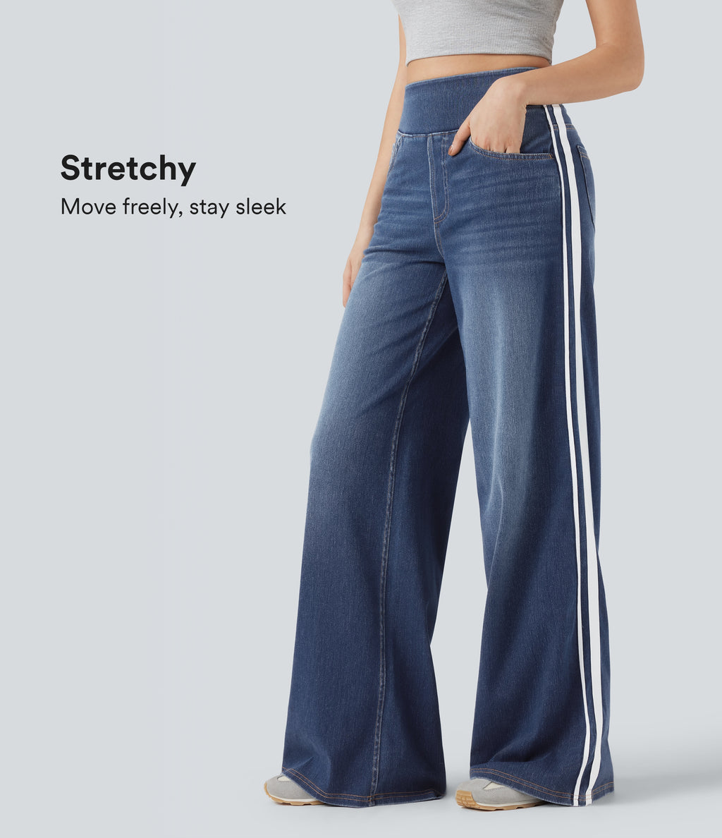 High Waisted Stripe Wide Leg Flowy Washed Casual Jeans with Pockets — Pageant Blue Denim — view 1