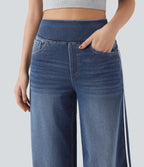 High Waisted Stripe Wide Leg Flowy Washed Casual Jeans with Pockets — Pageant Blue Denim — view 4