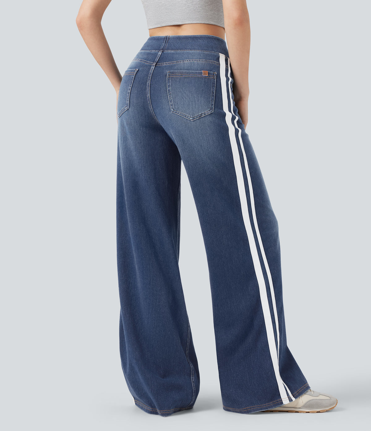 High Waisted Stripe Wide Leg Flowy Washed Casual Jeans with Pockets — Pageant Blue Denim — view 3