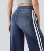 High Waisted Stripe Wide Leg Flowy Washed Casual Jeans with Pockets — Pageant Blue Denim — view 5
