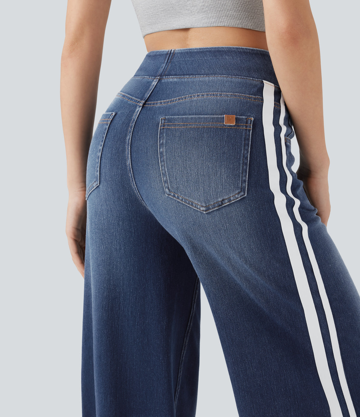 High Waisted Stripe Wide Leg Flowy Washed Casual Jeans with Pockets — Pageant Blue Denim — view 5