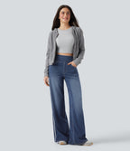 High Waisted Stripe Wide Leg Flowy Washed Casual Jeans with Pockets — Pageant Blue Denim — view 6