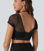 Halter Backless Short Sleeve Contrast Mesh 2-in-1 Cropped Yoga Sports Top — Black — view 4