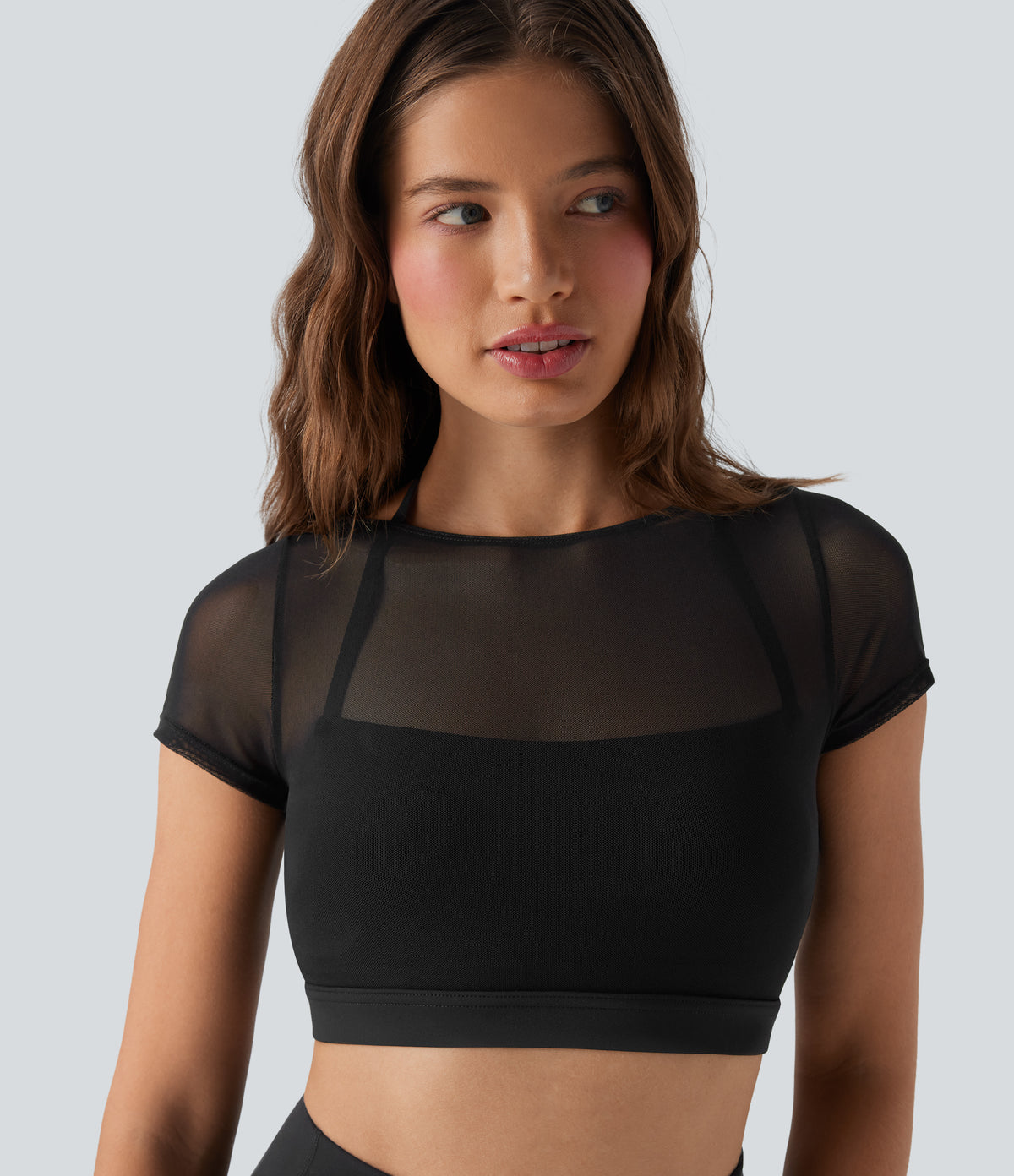 Halter Backless Short Sleeve Contrast Mesh 2-in-1 Cropped Yoga Sports Top — Black — view 5