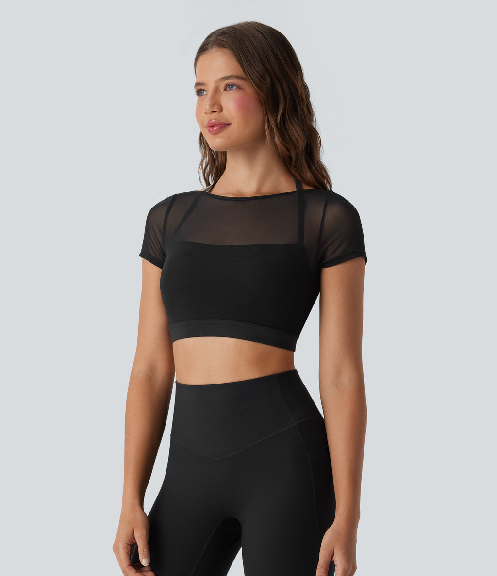 Halter Backless Short Sleeve Contrast Mesh 2-in-1 Cropped Yoga Sports Top — Black — view 3