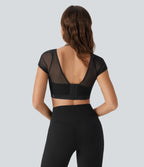 Halter Backless Short Sleeve Contrast Mesh 2-in-1 Cropped Yoga Sports Top — Black — view 1