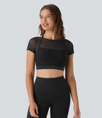 Halter Backless Short Sleeve Contrast Mesh 2-in-1 Cropped Yoga Sports Top — Black — view 2