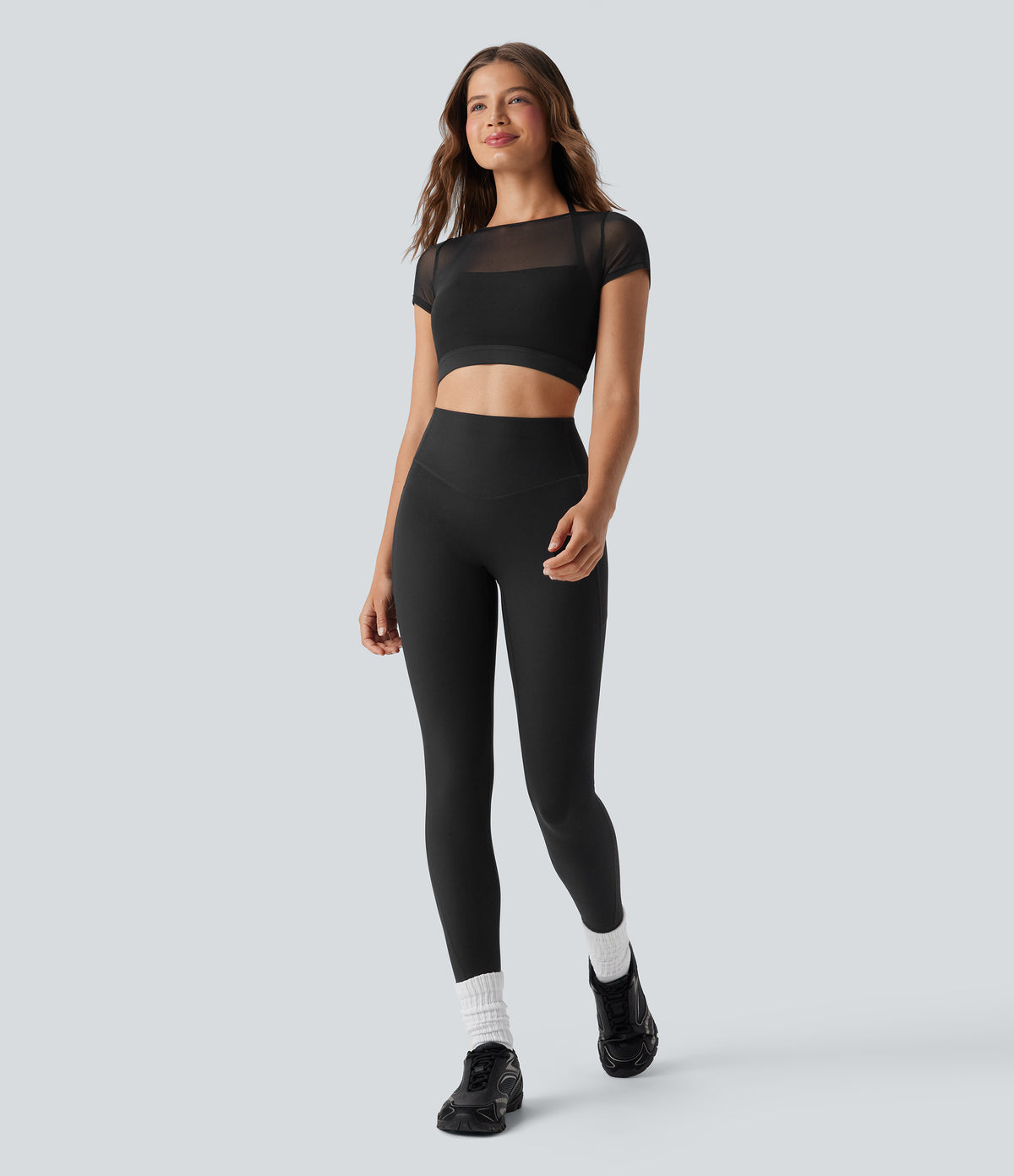 Halter Backless Short Sleeve Contrast Mesh 2-in-1 Cropped Yoga Sports Top — Black — view 6