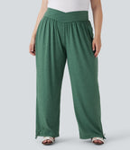 Plus Size Crossover High Waisted Drawstring Casual Joggers with Side Pockets — Emerald Floral Yarn — view 2