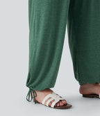 Plus Size Crossover High Waisted Drawstring Casual Joggers with Side Pockets — Emerald Floral Yarn — view 6