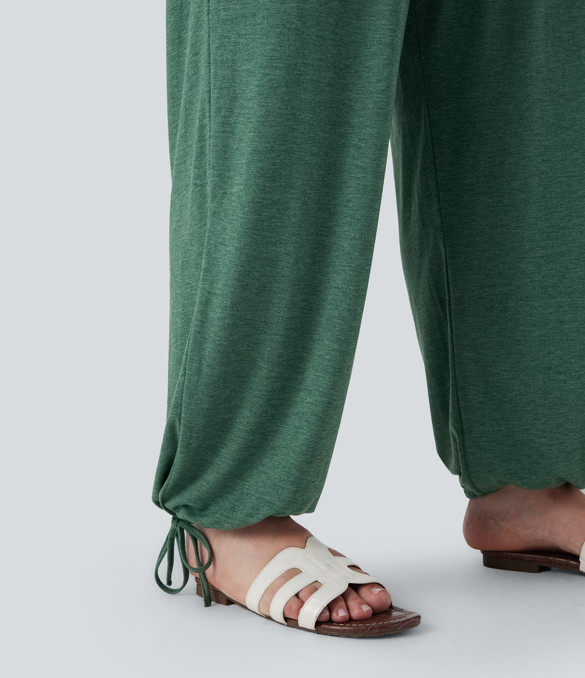 Plus Size Crossover High Waisted Drawstring Casual Joggers with Side Pockets — Emerald Floral Yarn — view 6