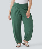 Plus Size Crossover High Waisted Drawstring Casual Joggers with Side Pockets — Emerald Floral Yarn — view 1
