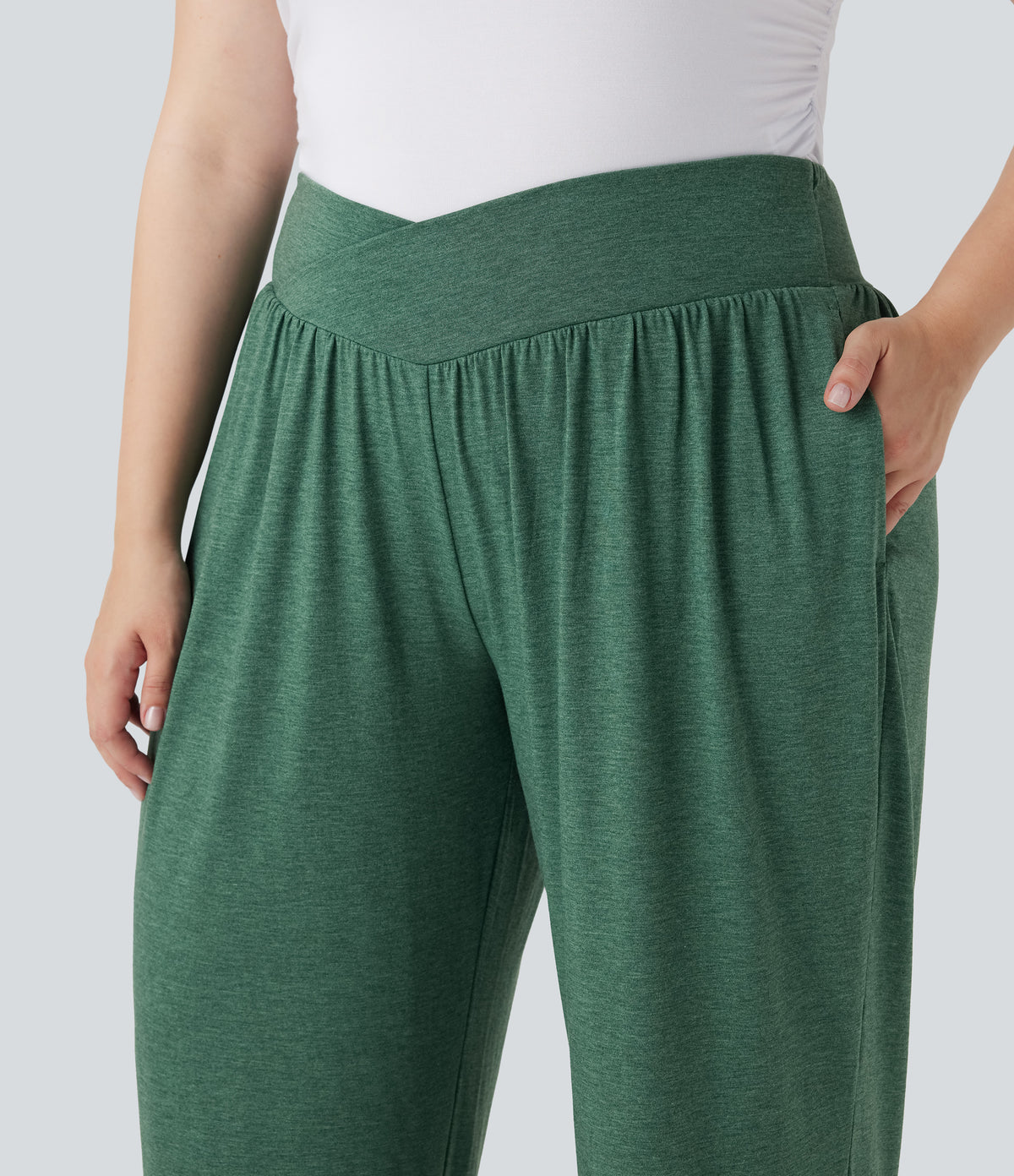 Plus Size Crossover High Waisted Drawstring Casual Joggers with Side Pockets — Emerald Floral Yarn — view 5