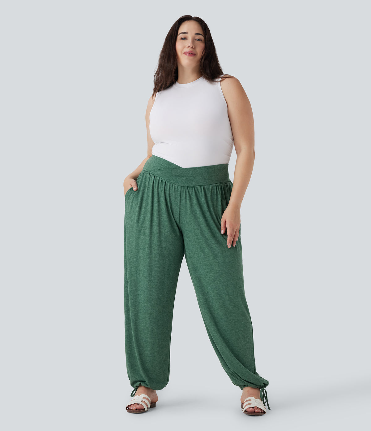 Plus Size Crossover High Waisted Drawstring Casual Joggers with Side Pockets — Emerald Floral Yarn — view 8