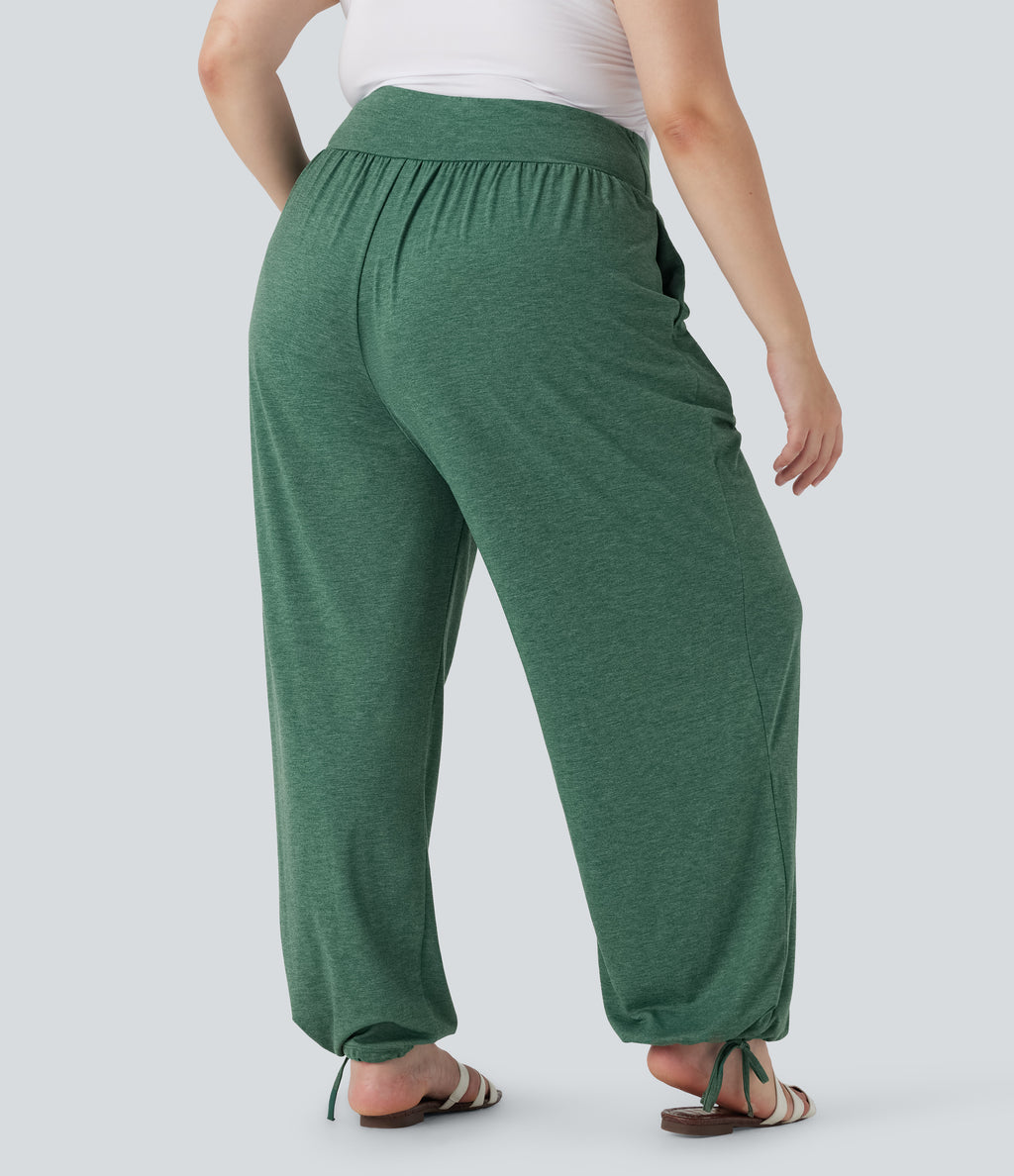 Plus Size Crossover High Waisted Drawstring Casual Joggers with Side Pockets — Emerald Floral Yarn — view 3