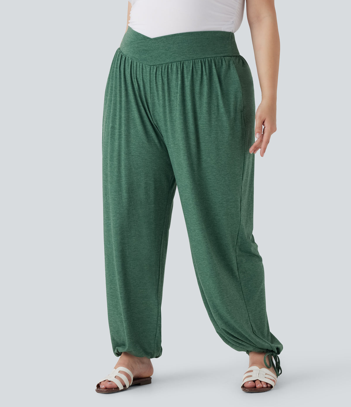 Plus Size Crossover High Waisted Drawstring Casual Joggers with Side Pockets — Emerald Floral Yarn — view 4