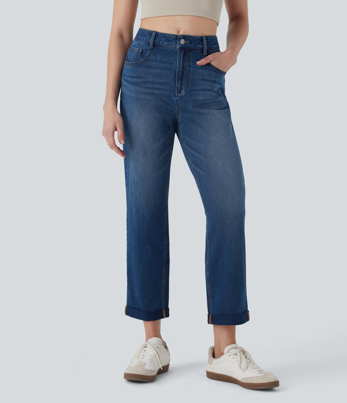 Mid Rise Straight Leg Washed Casual Jeans with Pockets — Cerulean Blue Denim — view 3