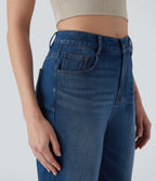 Mid Rise Straight Leg Washed Casual Jeans with Pockets — Cerulean Blue Denim — view 5