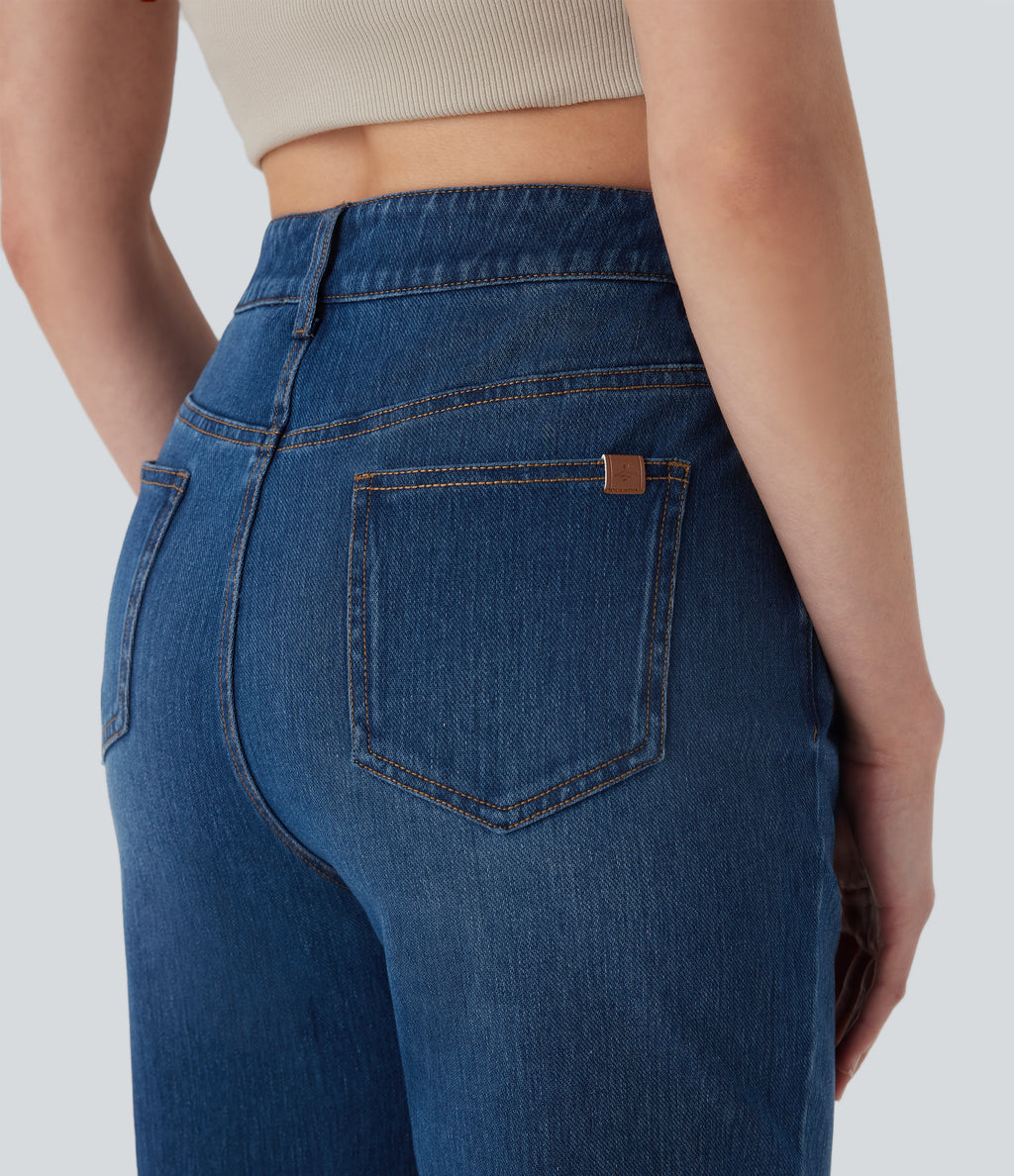 Mid Rise Straight Leg Washed Casual Jeans with Pockets — Cerulean Blue Denim — view 6