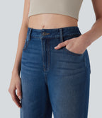 Mid Rise Straight Leg Washed Casual Jeans with Pockets — Cerulean Blue Denim — view 4