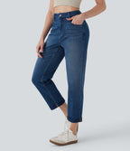 Mid Rise Straight Leg Washed Casual Jeans with Pockets — Cerulean Blue Denim — view 1