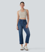 Mid Rise Straight Leg Washed Casual Jeans with Pockets — Cerulean Blue Denim — view 8