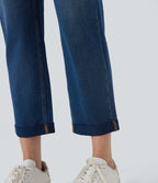 Mid Rise Straight Leg Washed Casual Jeans with Pockets — Cerulean Blue Denim — view 7