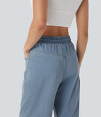 High Waisted Drawstring Wide Leg InstantCool Stretchy Knit Casual Jogger Jeans with Pockets — Malibu Blue Denim — view 5