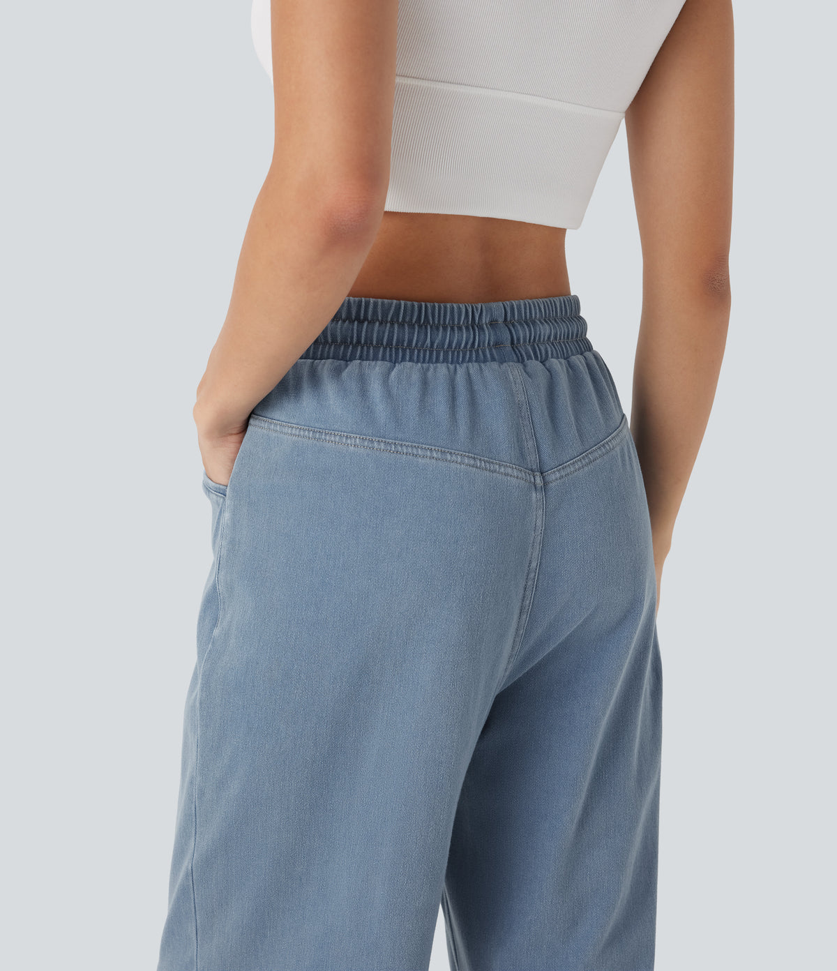High Waisted Drawstring Wide Leg InstantCool Stretchy Knit Casual Jogger Jeans with Pockets — Malibu Blue Denim — view 5