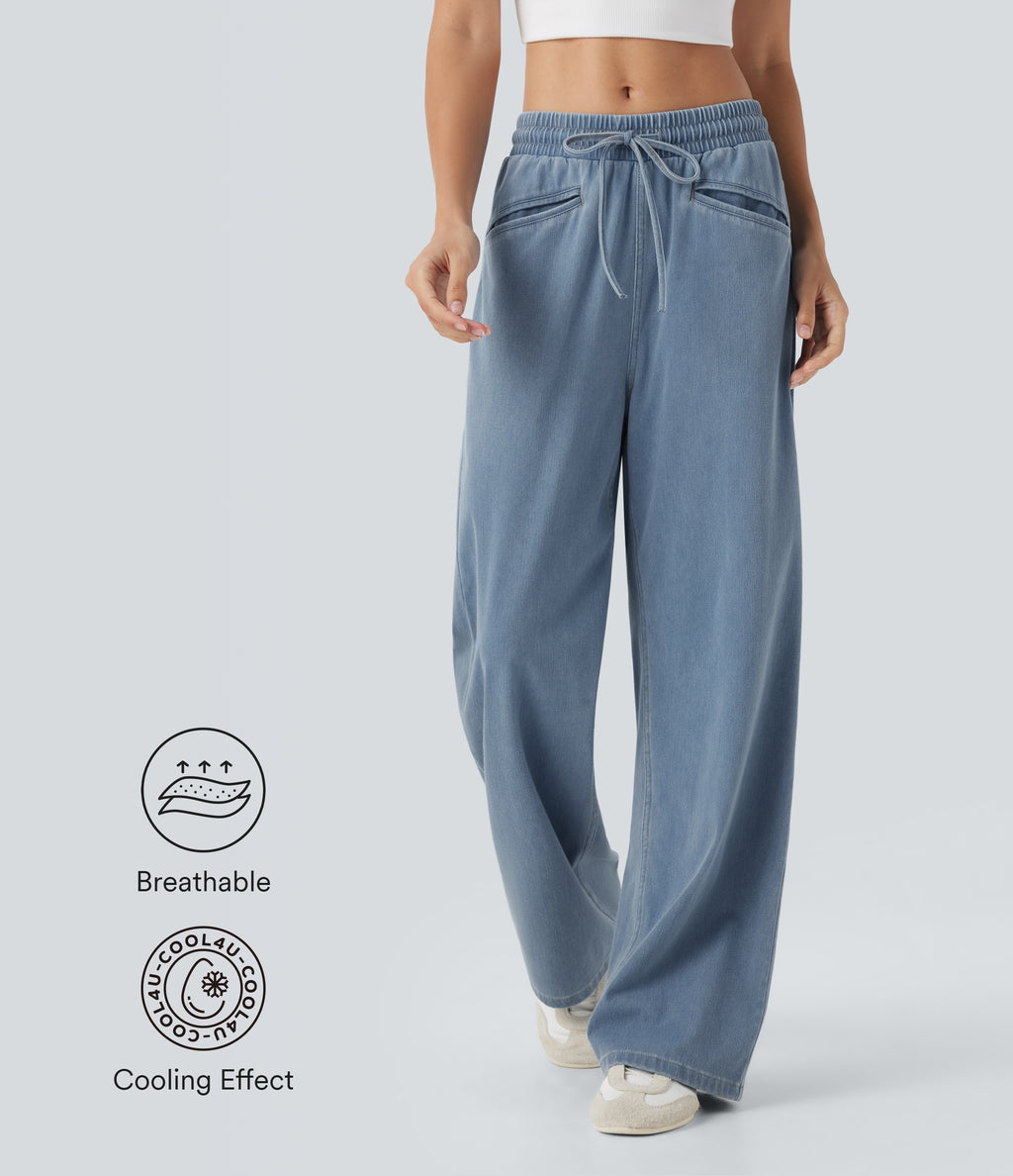 High Waisted Drawstring Wide Leg InstantCool Stretchy Knit Casual Jogger Jeans with Pockets — Malibu Blue Denim — view 1