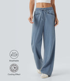 High Waisted Drawstring Wide Leg InstantCool Stretchy Knit Casual Jogger Jeans with Pockets — Malibu Blue Denim — view 1