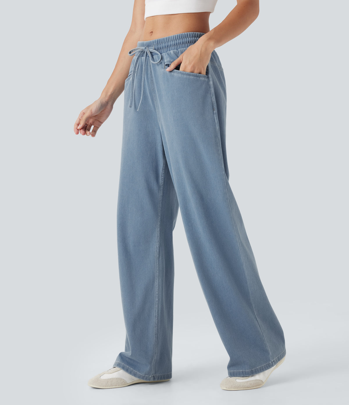 High Waisted Drawstring Wide Leg InstantCool Stretchy Knit Casual Jogger Jeans with Pockets — Malibu Blue Denim — view 3