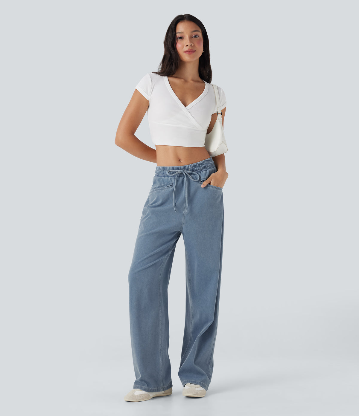 High Waisted Drawstring Wide Leg InstantCool Stretchy Knit Casual Jogger Jeans with Pockets — Malibu Blue Denim — view 6