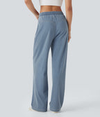 High Waisted Drawstring Wide Leg InstantCool Stretchy Knit Casual Jogger Jeans with Pockets — Malibu Blue Denim — view 2