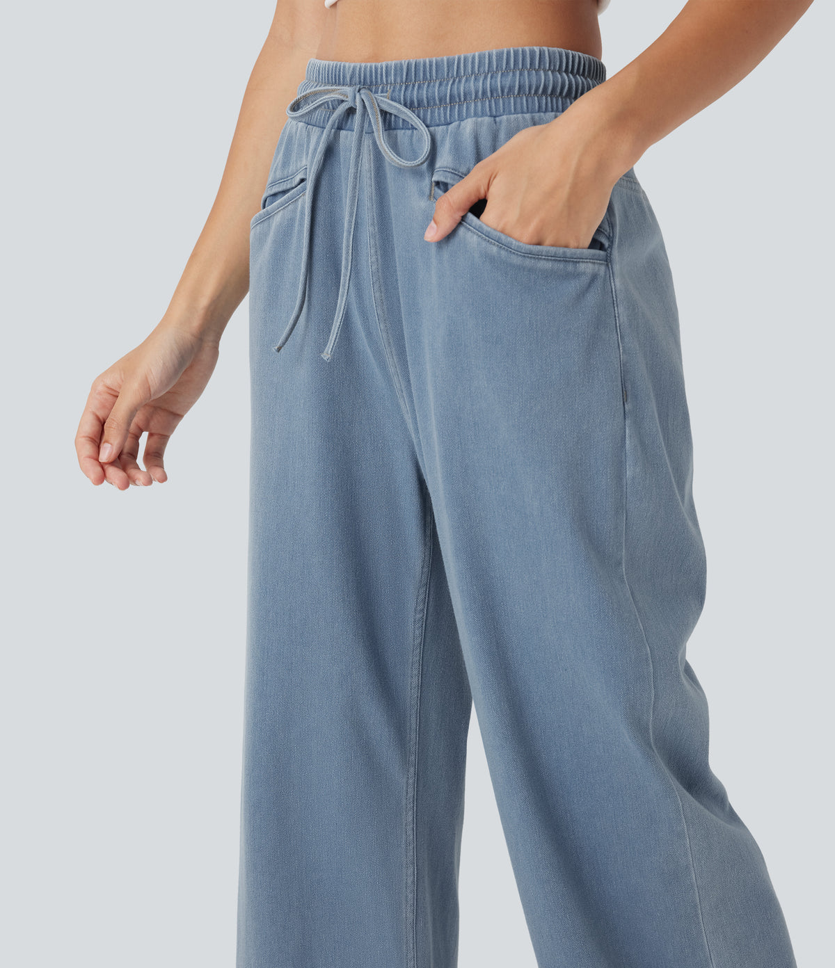 High Waisted Drawstring Wide Leg InstantCool Stretchy Knit Casual Jogger Jeans with Pockets — Malibu Blue Denim — view 4