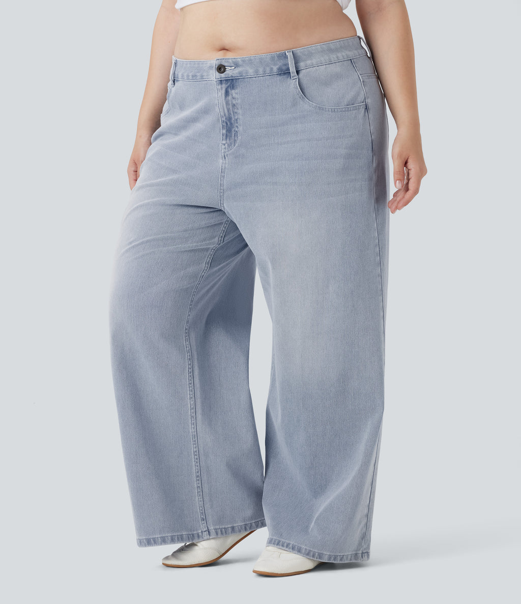 Plus Size Low Rise Wide Leg Washed Casual Jeans with Pockets — Light Azure Denim — view 3