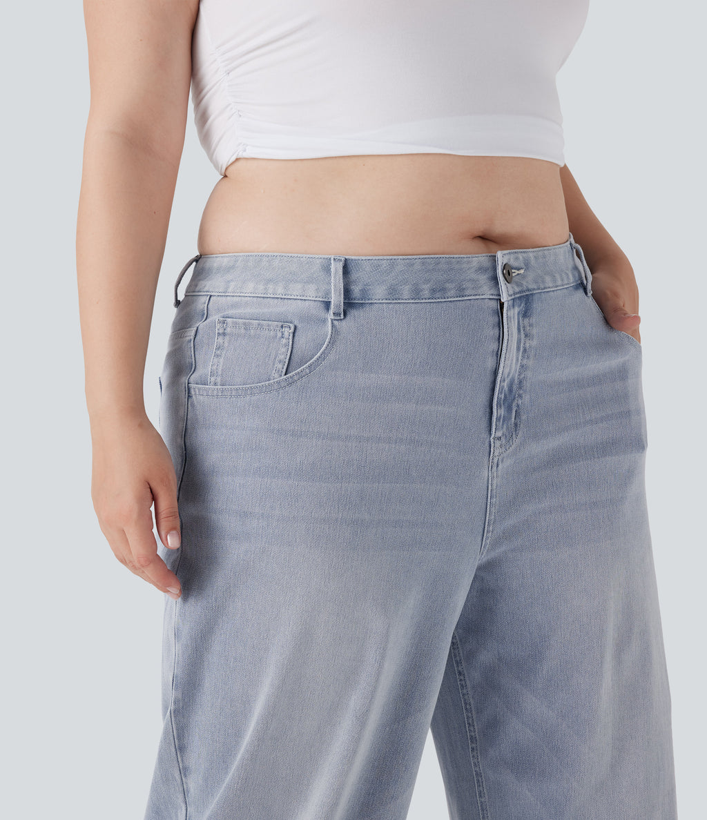 Plus Size Low Rise Wide Leg Washed Casual Jeans with Pockets — Light Azure Denim — view 5