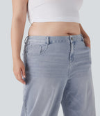 Plus Size Low Rise Wide Leg Washed Casual Jeans with Pockets — Light Azure Denim — view 5